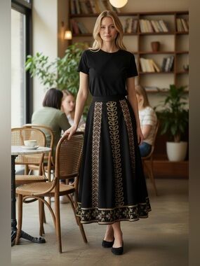 SUNNY LEIGH Black Skirt, Boho Flared Midi, Gold Floral Embroidery A-line, size 8